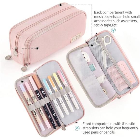 Pink Large Capacity Pencil Case, High Quality for Teen Girl Boy - Picture 3 of 10